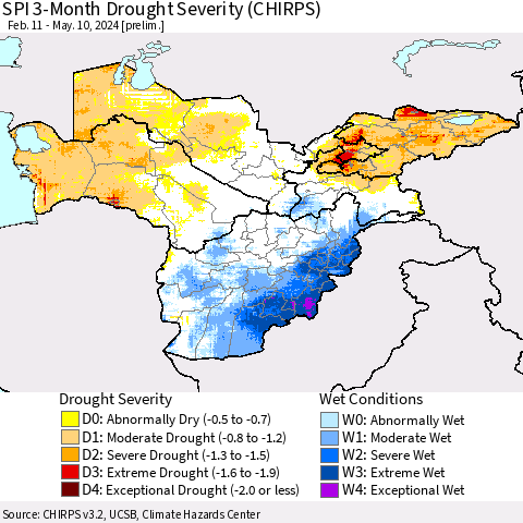 Central Asia SPI 3-Month Drought Severity (CHIRPS) Thematic Map For 2/11/2024 - 5/10/2024