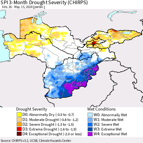 Central Asia SPI 3-Month Drought Severity (CHIRPS) Thematic Map For 2/16/2024 - 5/15/2024