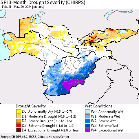 Central Asia SPI 3-Month Drought Severity (CHIRPS) Thematic Map For 2/21/2024 - 5/20/2024