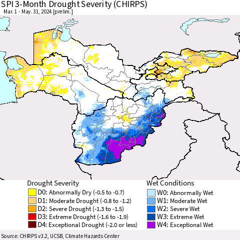 Central Asia SPI 3-Month Drought Severity (CHIRPS) Thematic Map For 3/1/2024 - 5/31/2024