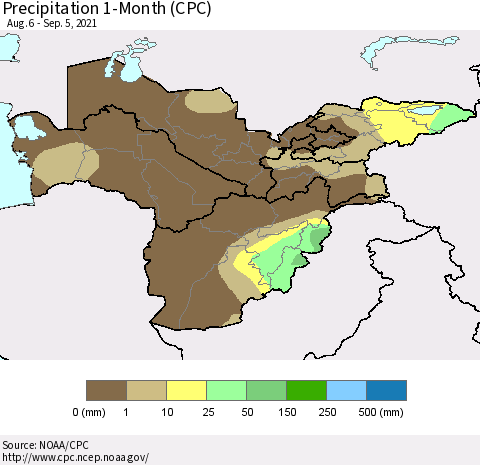 Central Asia Precipitation 1-Month (CPC) Thematic Map For 8/6/2021 - 9/5/2021