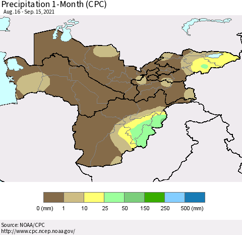 Central Asia Precipitation 1-Month (CPC) Thematic Map For 8/16/2021 - 9/15/2021
