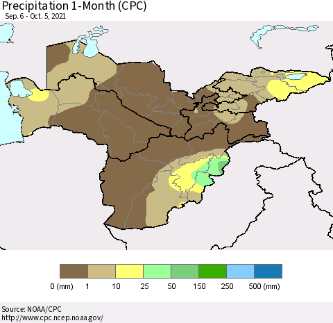 Central Asia Precipitation 1-Month (CPC) Thematic Map For 9/6/2021 - 10/5/2021
