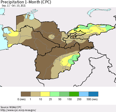 Central Asia Precipitation 1-Month (CPC) Thematic Map For 9/11/2021 - 10/10/2021