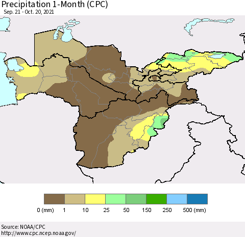 Central Asia Precipitation 1-Month (CPC) Thematic Map For 9/21/2021 - 10/20/2021
