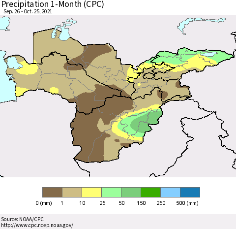 Central Asia Precipitation 1-Month (CPC) Thematic Map For 9/26/2021 - 10/25/2021