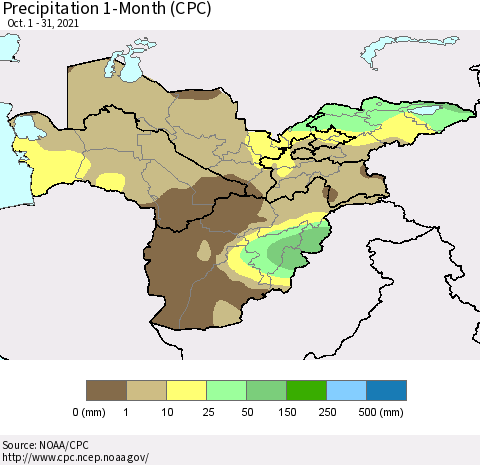 Central Asia Precipitation 1-Month (CPC) Thematic Map For 10/1/2021 - 10/31/2021