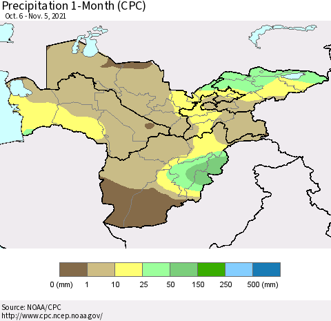 Central Asia Precipitation 1-Month (CPC) Thematic Map For 10/6/2021 - 11/5/2021