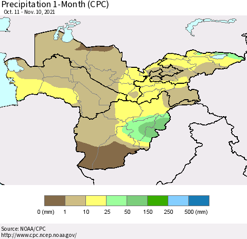 Central Asia Precipitation 1-Month (CPC) Thematic Map For 10/11/2021 - 11/10/2021