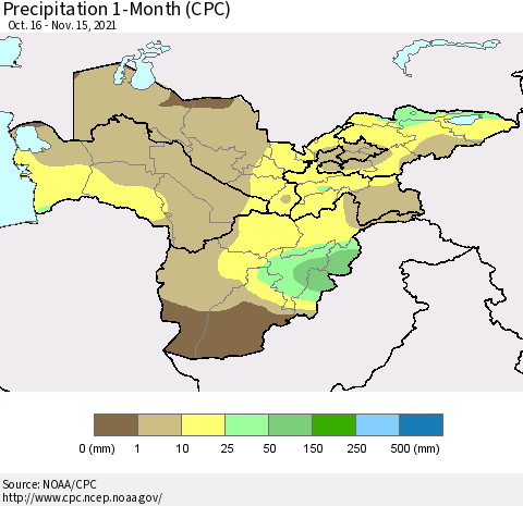 Central Asia Precipitation 1-Month (CPC) Thematic Map For 10/16/2021 - 11/15/2021