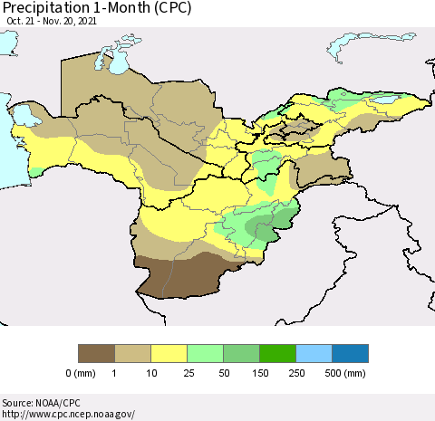 Central Asia Precipitation 1-Month (CPC) Thematic Map For 10/21/2021 - 11/20/2021