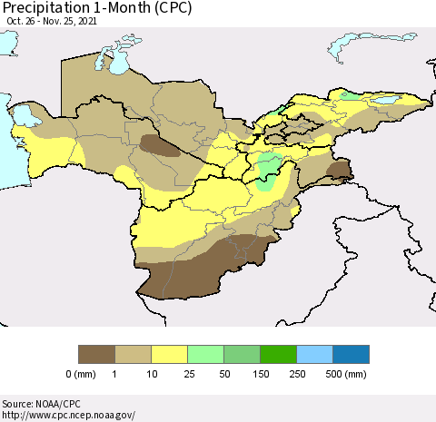 Central Asia Precipitation 1-Month (CPC) Thematic Map For 10/26/2021 - 11/25/2021