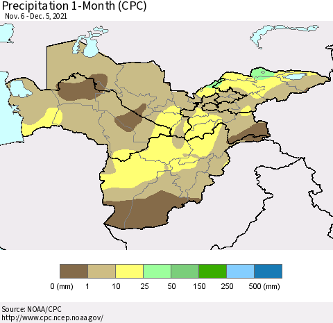 Central Asia Precipitation 1-Month (CPC) Thematic Map For 11/6/2021 - 12/5/2021
