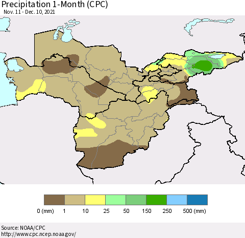 Central Asia Precipitation 1-Month (CPC) Thematic Map For 11/11/2021 - 12/10/2021