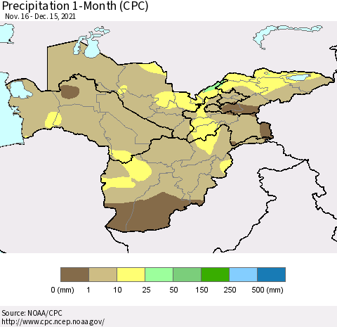 Central Asia Precipitation 1-Month (CPC) Thematic Map For 11/16/2021 - 12/15/2021