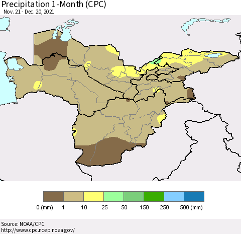 Central Asia Precipitation 1-Month (CPC) Thematic Map For 11/21/2021 - 12/20/2021