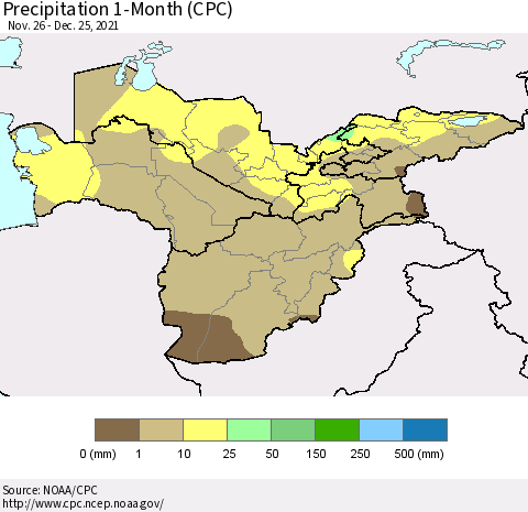 Central Asia Precipitation 1-Month (CPC) Thematic Map For 11/26/2021 - 12/25/2021