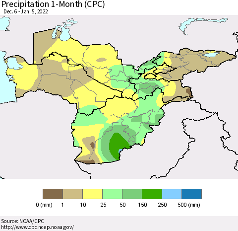 Central Asia Precipitation 1-Month (CPC) Thematic Map For 12/6/2021 - 1/5/2022