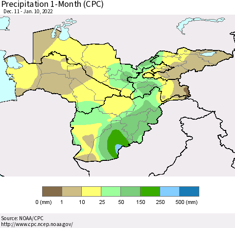Central Asia Precipitation 1-Month (CPC) Thematic Map For 12/11/2021 - 1/10/2022