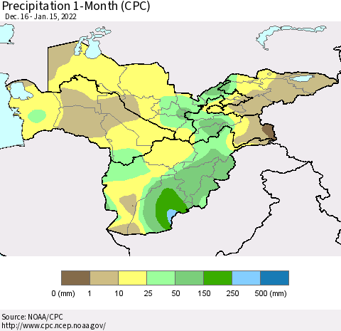 Central Asia Precipitation 1-Month (CPC) Thematic Map For 12/16/2021 - 1/15/2022