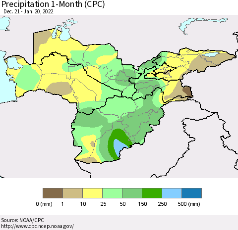 Central Asia Precipitation 1-Month (CPC) Thematic Map For 12/21/2021 - 1/20/2022