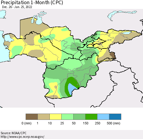 Central Asia Precipitation 1-Month (CPC) Thematic Map For 12/26/2021 - 1/25/2022