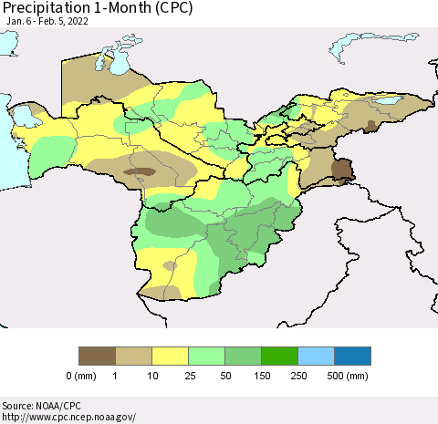 Central Asia Precipitation 1-Month (CPC) Thematic Map For 1/6/2022 - 2/5/2022