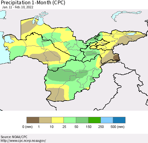 Central Asia Precipitation 1-Month (CPC) Thematic Map For 1/11/2022 - 2/10/2022