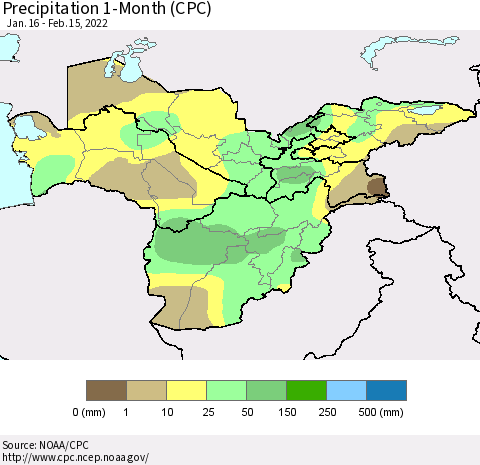 Central Asia Precipitation 1-Month (CPC) Thematic Map For 1/16/2022 - 2/15/2022