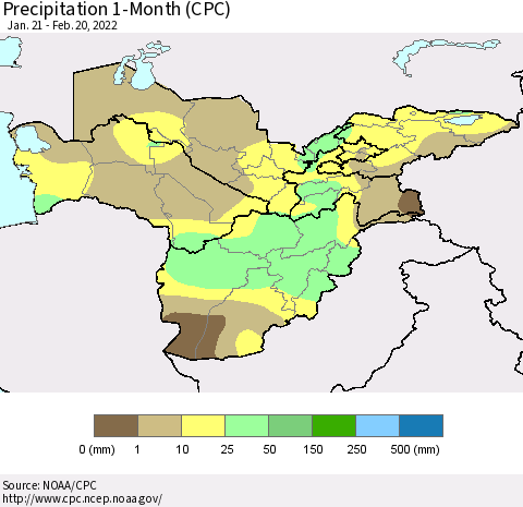 Central Asia Precipitation 1-Month (CPC) Thematic Map For 1/21/2022 - 2/20/2022