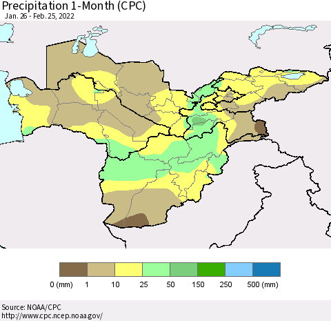 Central Asia Precipitation 1-Month (CPC) Thematic Map For 1/26/2022 - 2/25/2022