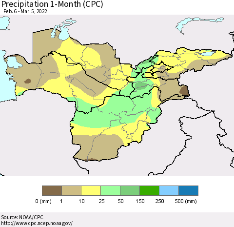 Central Asia Precipitation 1-Month (CPC) Thematic Map For 2/6/2022 - 3/5/2022