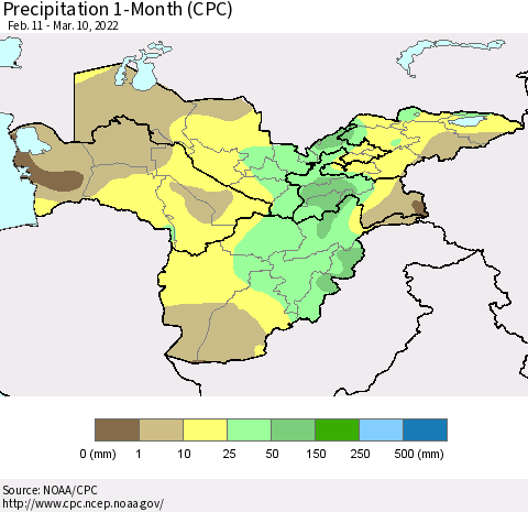 Central Asia Precipitation 1-Month (CPC) Thematic Map For 2/11/2022 - 3/10/2022