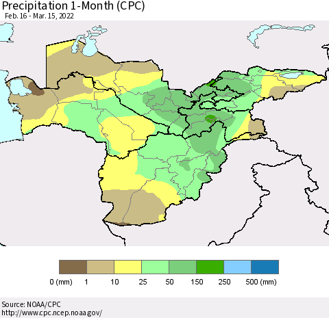 Central Asia Precipitation 1-Month (CPC) Thematic Map For 2/16/2022 - 3/15/2022