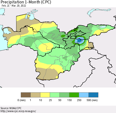 Central Asia Precipitation 1-Month (CPC) Thematic Map For 2/21/2022 - 3/20/2022