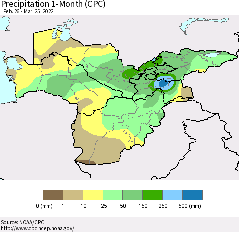 Central Asia Precipitation 1-Month (CPC) Thematic Map For 2/26/2022 - 3/25/2022