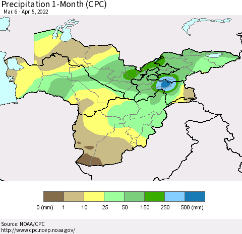 Central Asia Precipitation 1-Month (CPC) Thematic Map For 3/6/2022 - 4/5/2022