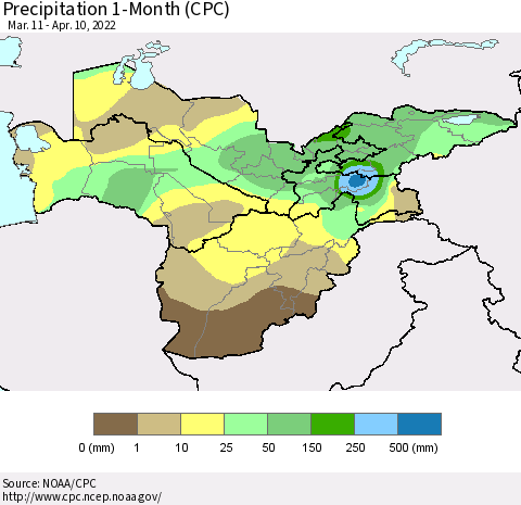 Central Asia Precipitation 1-Month (CPC) Thematic Map For 3/11/2022 - 4/10/2022
