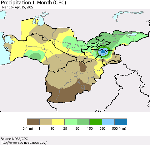 Central Asia Precipitation 1-Month (CPC) Thematic Map For 3/16/2022 - 4/15/2022