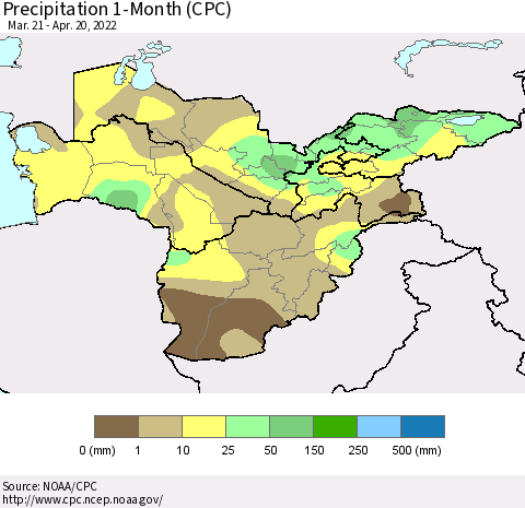 Central Asia Precipitation 1-Month (CPC) Thematic Map For 3/21/2022 - 4/20/2022