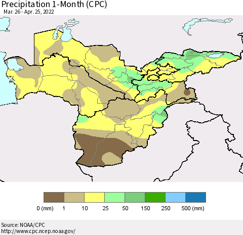 Central Asia Precipitation 1-Month (CPC) Thematic Map For 3/26/2022 - 4/25/2022