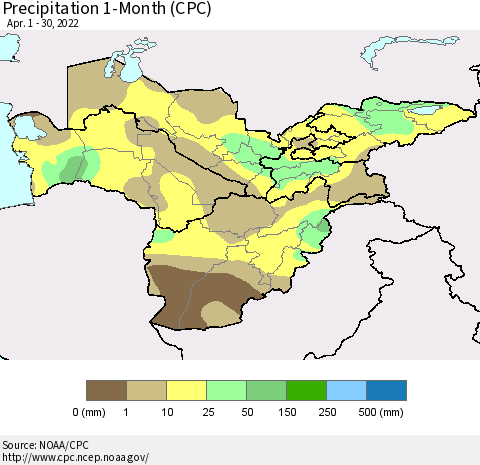 Central Asia Precipitation 1-Month (CPC) Thematic Map For 4/1/2022 - 4/30/2022
