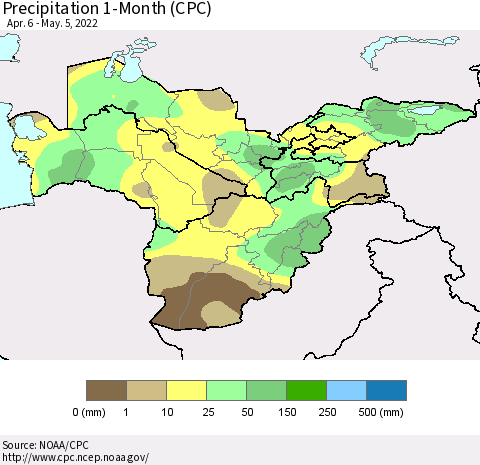 Central Asia Precipitation 1-Month (CPC) Thematic Map For 4/6/2022 - 5/5/2022