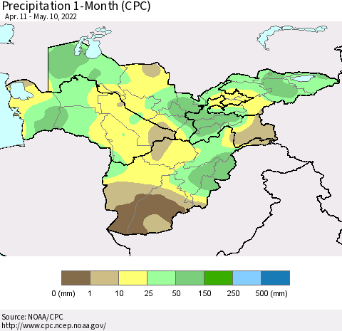 Central Asia Precipitation 1-Month (CPC) Thematic Map For 4/11/2022 - 5/10/2022