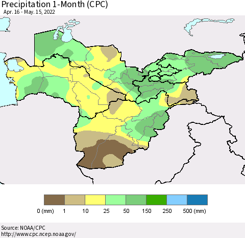 Central Asia Precipitation 1-Month (CPC) Thematic Map For 4/16/2022 - 5/15/2022