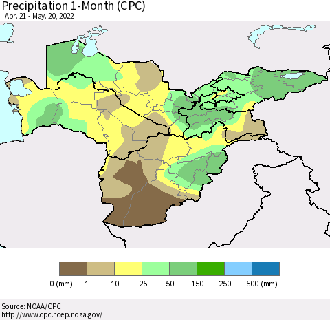 Central Asia Precipitation 1-Month (CPC) Thematic Map For 4/21/2022 - 5/20/2022
