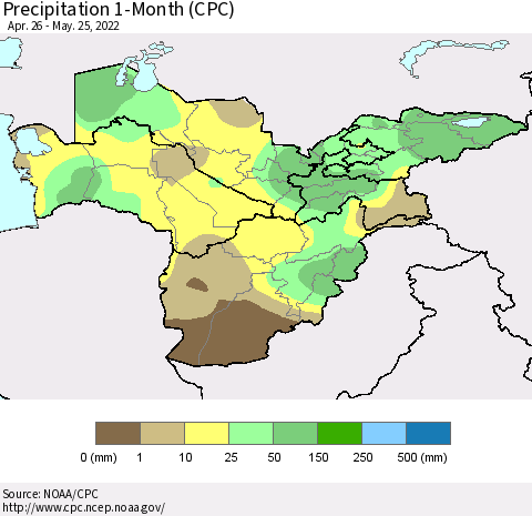 Central Asia Precipitation 1-Month (CPC) Thematic Map For 4/26/2022 - 5/25/2022