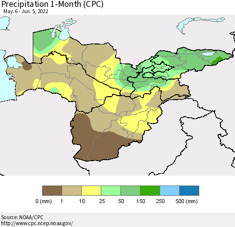 Central Asia Precipitation 1-Month (CPC) Thematic Map For 5/6/2022 - 6/5/2022