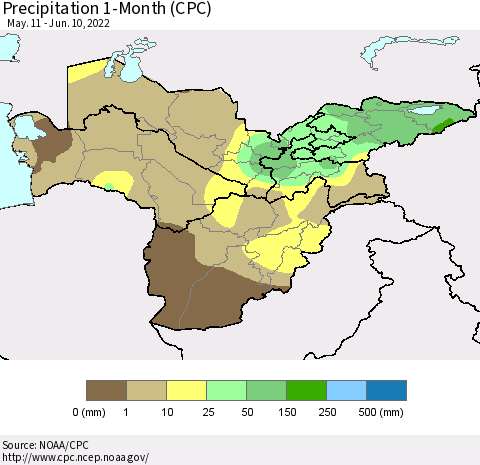 Central Asia Precipitation 1-Month (CPC) Thematic Map For 5/11/2022 - 6/10/2022