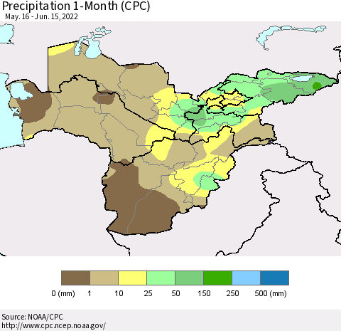 Central Asia Precipitation 1-Month (CPC) Thematic Map For 5/16/2022 - 6/15/2022